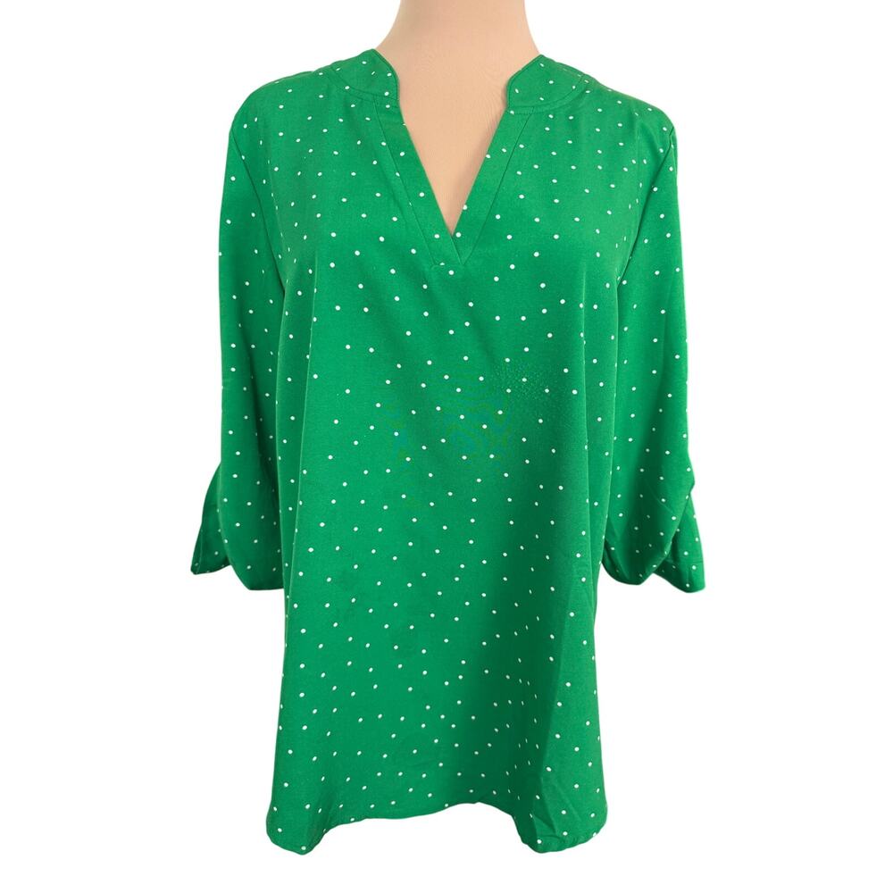 Roswear Green Polka Dot Blouse M 3/4 Sleeve V-Neck Lightweight Top
